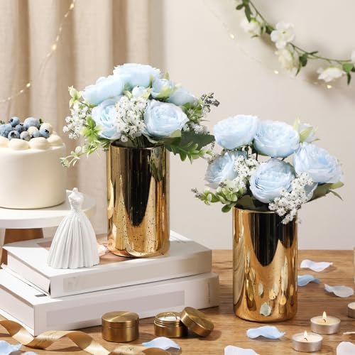 Suncalla 6 Sets Gold Cylinder Vases Artificial Peony Candle Holders, Blue - Image 3