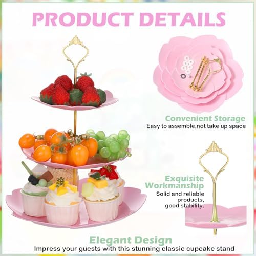 6 Pcs 3 Tier Cupcake Stand Tea Party Trays 3 Tier Serving Tray Plastic Dessert Stand Cake Fruit Candy Display Tower for Wedding Birthday Tea Party (Sakura,White,Pink,Green) - Image 3