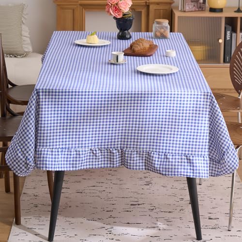 vctops Farmhouse Blue Gingham Ruffle Table Cloth, Boho Cotton Linen Tablecloth, Washable Table Cover for Square Table Baby Shower Kitchen Party Wedding Decor (Blue,70"x70") - Image 2