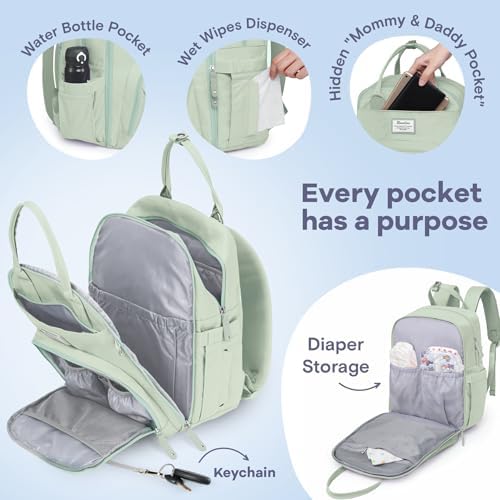 RUVALINO Diaper Bag Backpack-Multifunction Baby Travel Bag with Changing pad, Insulated Bottle Holders & Pacifier Case, Large Capacity, Waterproof, Mint Green - Image 3