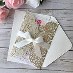50PCS 5.12 x 7.28'' Champagne Wedding Invitations Cards Laser Cut Hollow Rose Flowers Pocket with bowknot for Bridal Shower Engagement Birthday Invite (Champagne Glitter) - Image 6