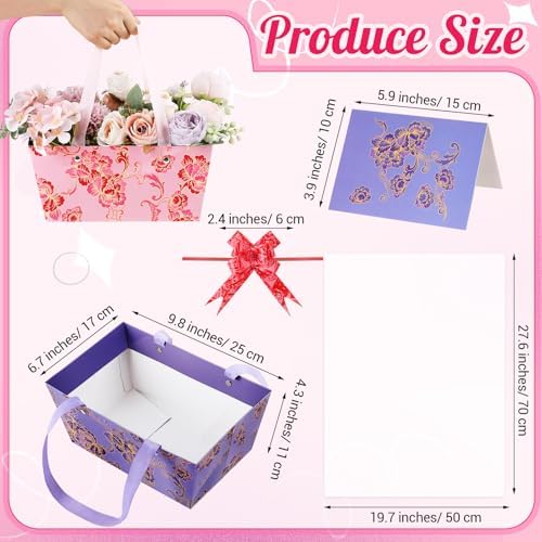 Kolldenn 24 Set Floral Empty Gift Basket to Fill 9.8 x 6.5'' Spring Flower Bouquet Box with Handles Bows Plastic Bags and Card for Tea Party Wedding Arrangement Wrapping - Image 2