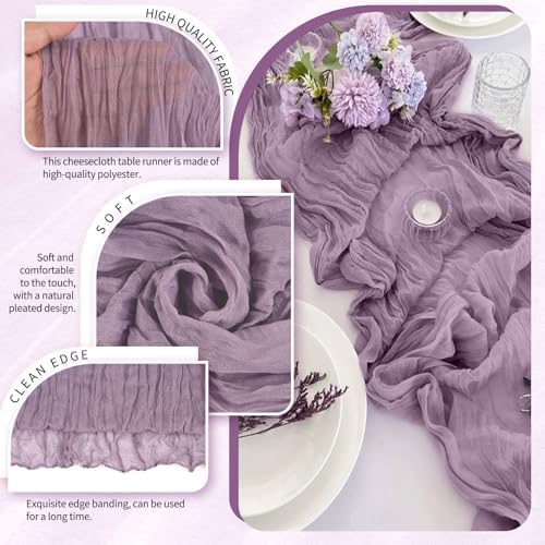 18 Pack Cheesecloth Table Runner 10FT Purple Table Runner Boho Gauze Cheese Cloth Table Runners Long Rustic Sheer Table Decorations for Wedding Party Baby Bridal Shower Birthday Holiday Home - Image 3