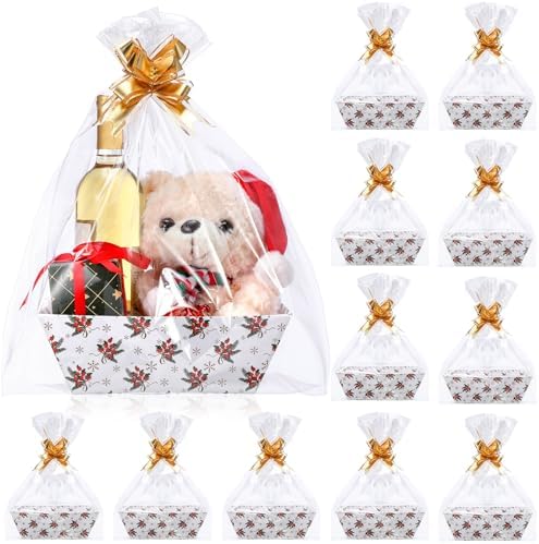 Nuogo 12 Pack Christmas Basket for Gifts Empty 9.8 x 6.5 Inch Bulk Gift Baskets Empty to Fill Cardboard Trays with Basket Bags, Pull Bows for Christmas Holiday Birthday Party Gifts(Berry Style) by Nuogo