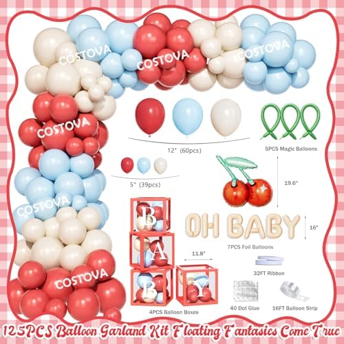 Costova Cherry Baby Shower Decoration, She’s the Cherry On Top Party Supplies with Balloon Boxes Cherries Backdrop Tablecloth Cake Cupcake Topper Poster Badges Sash - Image 3