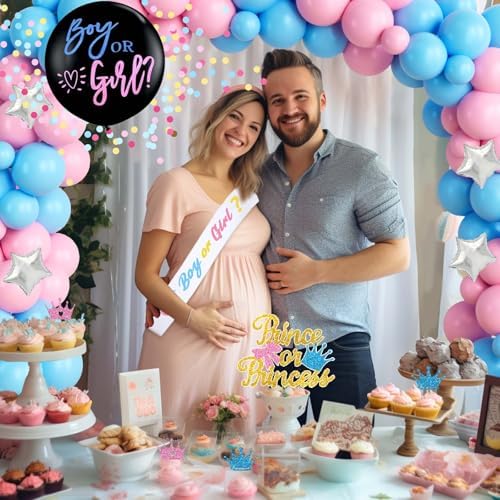 Prince or Princess Gender Reveal Decorations, Baby Boy or Girl Gender Reveal Party Decorations, What Will Baby Be Backdrop Balloon Banner Tablecloth Cake Cupcake Topper Box Sash Pink Blue - Image 5