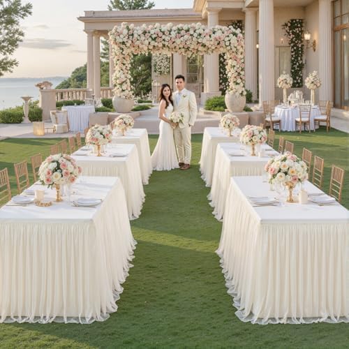 Ivory Fitted Tablecloth Rectangle 8 Foot Stretch Elastic Tulle Ruffle Tablecloths Rectangular Spandex Table Covers 8ft Birthday Baby Shower Party Wedding Table Cloths with Skirt 6Pack - Image 2