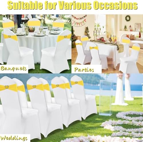 Yellow Chair Sashes 50 Pack Spandex Yellow Sashes for Chairs Covers Universal Stretch Chair Sashes Band with Heart Buckle Slider Sashes Bows for Wedding Banquet Party Decorations - Image 7