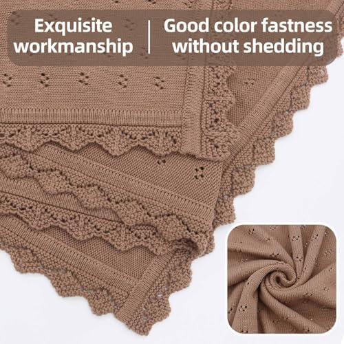 LifeTree Knit Baby Blanket & Hat, 100% Cotton Soft Swaddle & Receiving Blanket for Toddler, Lightweight & Breathable Newborn Blanket Unisex for Crib, Stroller, 31X40 Inches, Shower Registry Gift,Brown - Image 3