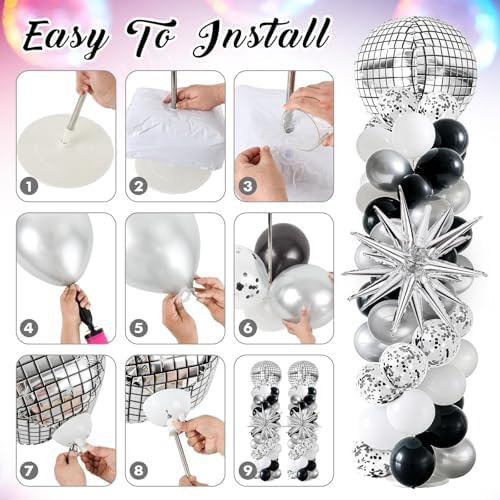 2 Sets Disco Balloon Column Stand Kits Adjustable Black and Silver Balloons Column Kit with Disco Ball Explosion Star 80s Party Themed Tower Stand Kit for Birthday Party Retro Dance Supplies - Image 4