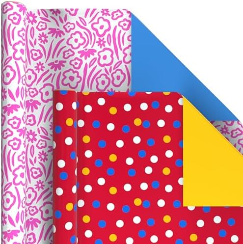 Hallmark Reversible Wrapping Paper Rolls - Checkered, Solids, Stripes, Polka Dots, Flowers, Gift Wrap Paper (Set of 6 Rolls: 150 sq. ft. ttl.) for Birthday, Christmas, Baby Shower, Graduation, All Occasion - Image 6