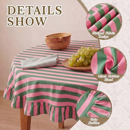 Tudomro Striped Tablecloth, Round, Pink, Grass Green, 60'' X 60'' - Image 3