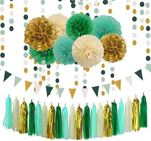 Sage-Green Beige-Gold Baby Bridal-Shower Decorations - 34pcs Rustic Wedding Tissue Pom Poms,Tassel Garland Banner,Birthday Gender Reveal Bachelorette Engagement Party Decor Bunting Lasting Surprise by LastingSurprise