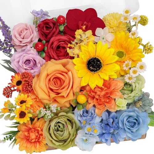 TINGE TIME Rainbow Artificial Flowers Combo, Rose Dahlia Wedding Flowers by TINGETIME