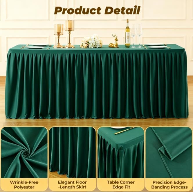 Green Polyester Table Cloths for Rectangle 8 Foot Tables, 2 Pack Wrinkle Free Tablecloths Stretchy Banquet Ruffle Fitted Table Cover Desk Skirt for Parties Wedding Birthday Baby Shower - Image 4