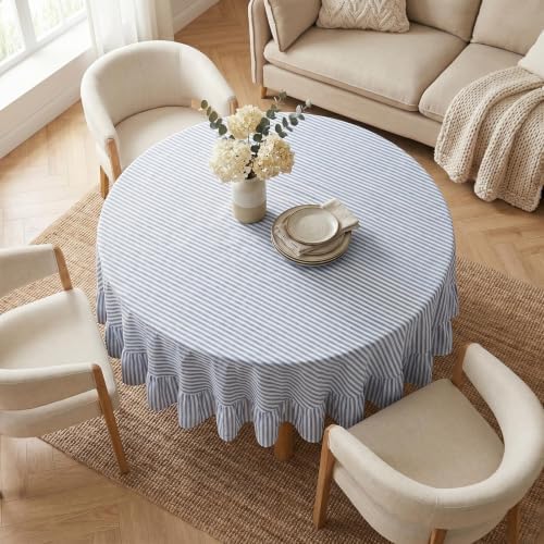 Eternal Beauty Striped Ruffled Round Tablecloth 60 Inch Blue White - Image 5