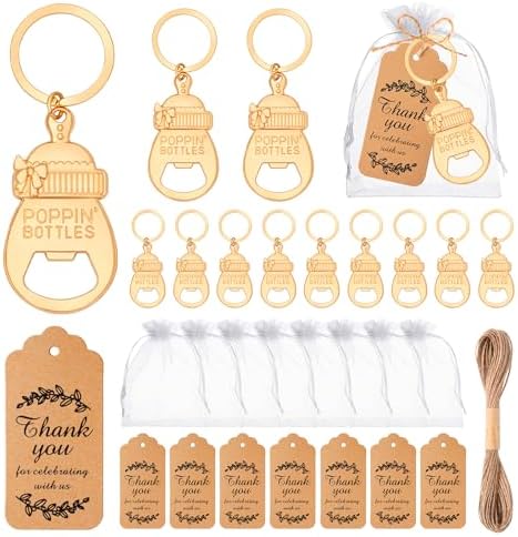 50Pcs Popping Bottle Openers Baby Shower Party Favors for Guests, Bottle Opener Return Gift and Souvenirs with Organza Bags Thank You Cards for Theme Decoration Supplies (Gold by KBDHYY