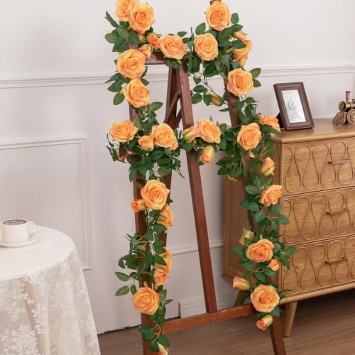 U'Artlines 3 Pack Artificial Orange Rose Garlands Flower Vines 19.5 ft - Image 5
