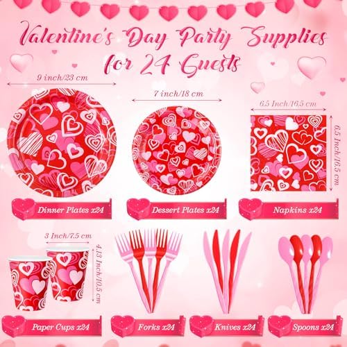 Ziliny 171 Pcs Valentine's Day Party Decorations Serve 24 Red Pink Hearts Paper Plates Napkins Cups Banner Tablecloth Cutlery Valentine Day Anniversary Wedding Baby Shower Party Supplies - Image 3