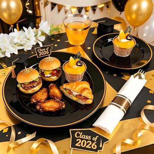 SUT 175 Pcs Black and Gold Plastic Dinnerware Set for 25 Guests, Include: 25 Dinner Plates, 25 Dessert Plates, 25 Pre Rolled Napkins With Silverware, 25 Cups, Disposable Plates for Party - Image 4