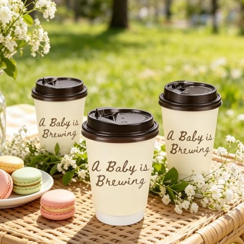 FYSUIMU 60 Sets Baby Shower Coffee Paper Cups with Lids Straws A Baby Is Brewing Disposable Cup Double-Wall Drinking Cups for Pregnancy Announcement Gender Reveal, 13.5oz - Image 7