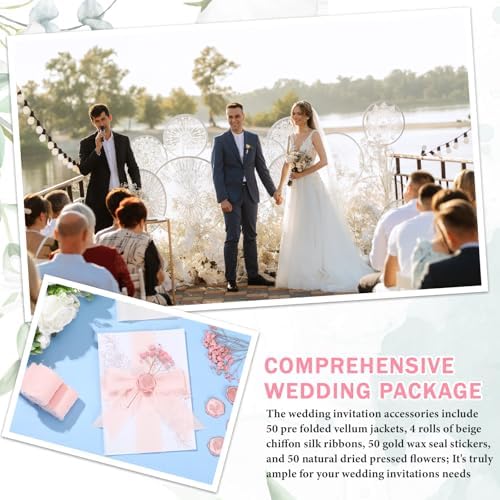 Fullhawl 50 Sets Wedding Invitations Wraps Set Rose Gold Foil Pre Folded Vellum Jackets for 5 x 7 Invitations Pink Dried Flowers Wax Seal Stickers Chiffon Silk Ribbon for Craft DIY - Image 5