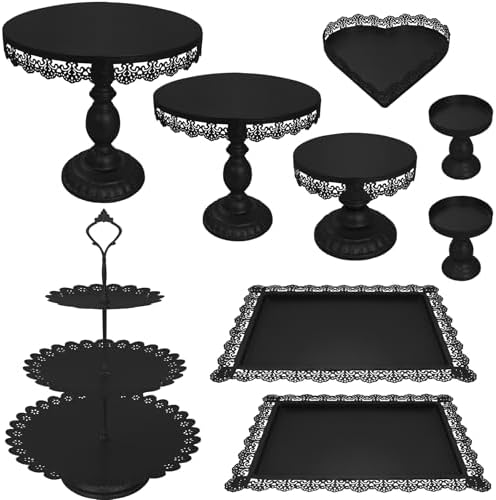 Set of 9 Cake Stands Metal Cupcake Stand Set Multiple Styles Candy Fruit Display Tower Dessert Plate Cake Serving Tray for Birthday Party Wedding Anniversary Baby Shower Engagement (Black) by JALANCY