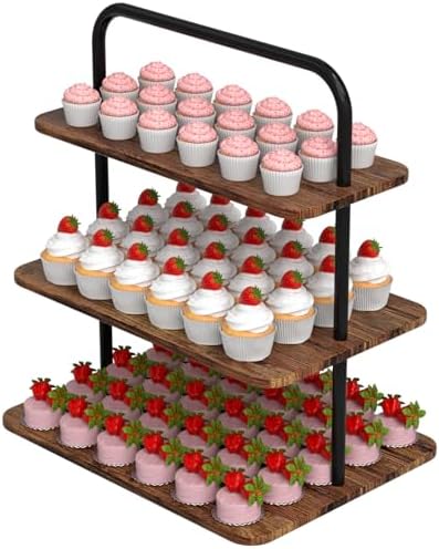 VyGrow Cupcake Stand, 3-Tier Dessert Stand for 52 Cupcakes, Wood & Metal Tower Display Premium Holder Dessert Tree Tower for Christmas Birthday Weddings Party Decor, Serving Tray, Wood Brown by VyGrow