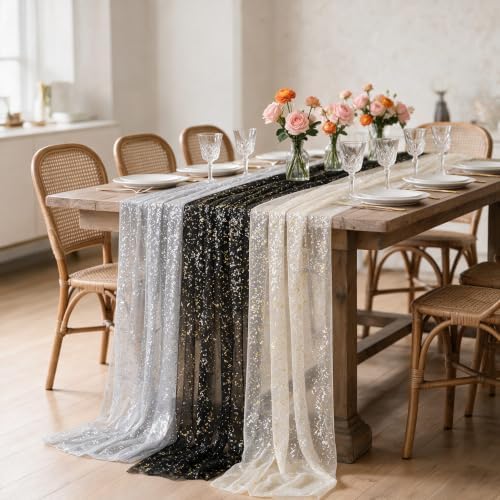 Artoid Mode 6PC Beige Black White Gauze Table Runner 120 Inch 10FT, Glitter Metallic Foil Sheer for Wedding Anniversary Holiday Birthday Home Party Decor - Image 7