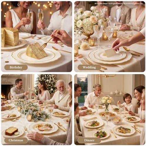 realluck 200Pcs Ivory and Gold Plastic Plates Scalloped Plates - Image 6