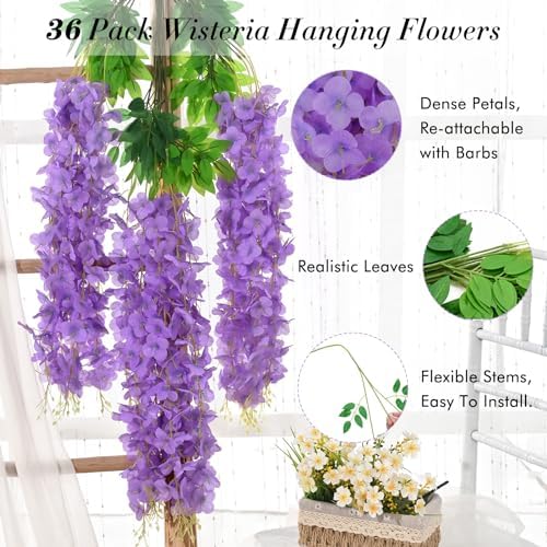 Waipfaru 36 Pack Wisteria Hanging Flowers, 3.6 Feet/Pcs Purple Wisteria Artificial Flowers, Fake Flowers Garland, Hanging Vines for Bedroom Wedding Home Party Wall Decoration - Image 3