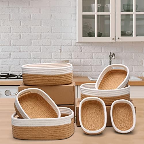 7 Piece Cotton Rope Woven Basket Set - Small Basket for Baby Nursery, Pets, Montessori, Dog & Cat Toy Boxes, Bathroom Organization Bins (White/Jute) - Image 3