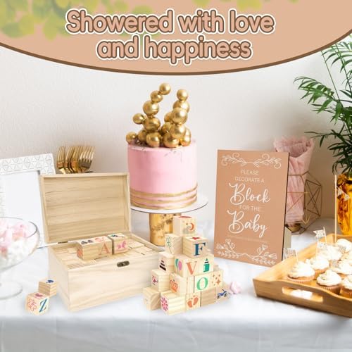 138 Pcs Baby Shower Blocks to Decorate, Wooden Blocks for Baby Shower, Decorate A Block Baby Showers, Wood Box with 52 Wooden Block 36 Paint Markers 1 Game Sign 48 Stencil Templates - Image 7