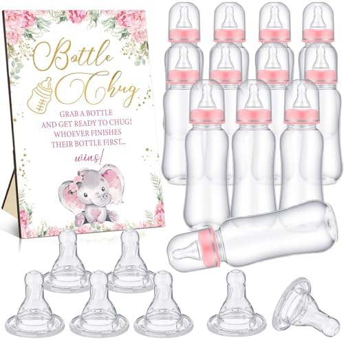 Trelaco 12 Pcs Pink Baby Shower Games Elephant Bottle Chug Wooden Sign Set by TrelaCo