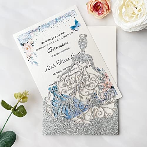 5.12 x7.28 inch 20PCS Silver Glitter Quinceanera Invitations Kit Laser Cut Hollow Girl Princess Pocket with Envelopes Invitations for Quinceanera Bridal Shower Invite - Image 3