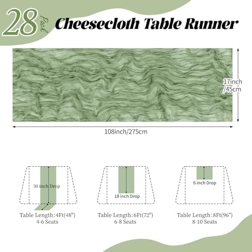 28 Pack Sage Green Cheesecloth Table Runner 17x108 Inch Semi Sheer Boho Gauze Cheese Cloth Fabric Table Runners, for Wedding Party Baby Shower Birthday Home Decor Garden Farmhouse - Image 2