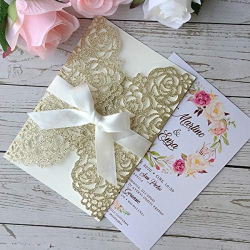 20PCS 5.12 x 7.28'' Champagne Wedding Invitations Cards Laser Cut Hollow Rose Flowers Pocket with bowknot for Bridal Shower Engagement Birthday Invite (Champagne Glitter) - Image 4