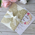 50PCS 5.12 x 7.28 Inch Personalized Champagne Wedding Invitations Cards Laser Cut Hollow Rose Flowers Pocket with bowknot for Bridal Shower Engagement Birthday Invite (Champagne Glitter) - Image 2