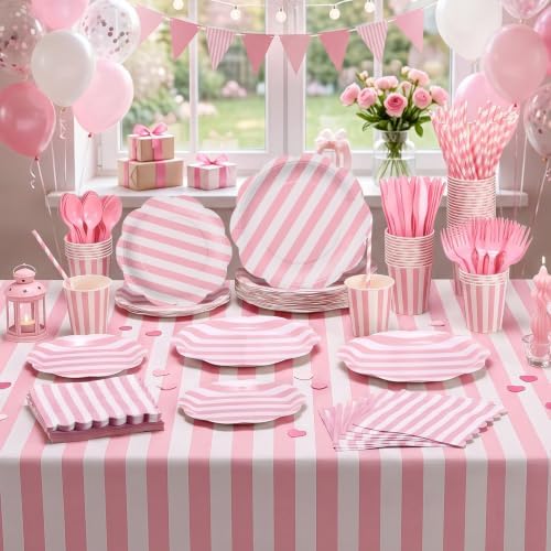 Funnymoom 434 Pcs Pink Striped Party Decorations Scalloped Plates Serves 48 - Image 4