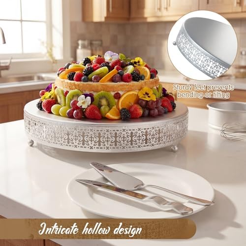 Wenqik Silver Metal Cake Stand 14 Inch with Cutting & Spatula - Image 3