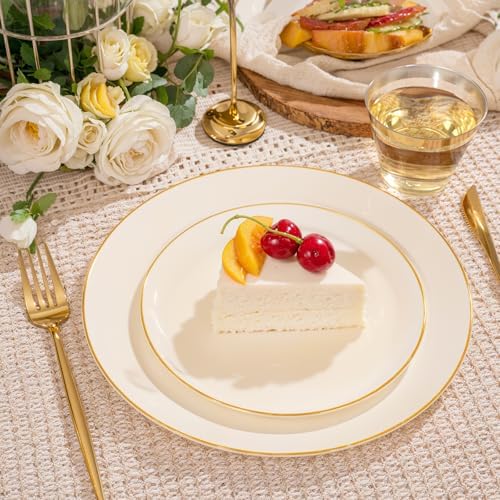 bUCLA 150PCS Ivory Plastic Plates with Gold Trim - Heavy Duty Cream Plastic Disposable for Party & Wedding - Include 25 Each（Dinner & Dessert） Plates, 25 Knives, 25 Forks, 25 Spoons & 25 Cups - Image 3