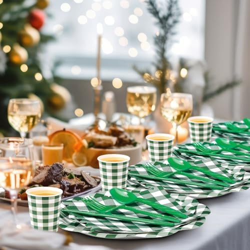 Funnymoom 400 Pcs Gingham Party Supplies for 50 Guests Dark Green and White Paper Plates and Napkins Knives Spoon Fork Cup Disposable Checkered Dinner Party Set Cutlery for Baby Shower Wedding Favor - Image 4