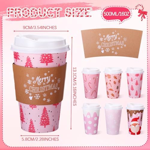 Mimorou 60 Pack Pink Christmas Coffee Cups with Lids and Sleeves, 16 oz Disposable Paper Holiday Cups, Festive Designs with Snowflakes Santa Gingerbread Candy Canes Polka Dots for Xmas Party Favors - Image 2