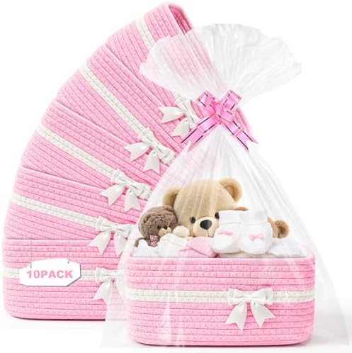 10 Pack Empty Gift Baskets, 12x8x5 Small Pink Woven Cotton Rope Baskets with Gift Bags & Ribbons, Decorative Baby Shower Hamper, Nursery Storage Basket with Handles for Shelves by Mkway