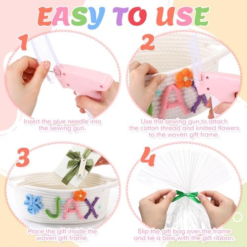 LemonRoad 6 Sets Small Woven Gift Basket DIY Rope Baskets for Gifts Empty with Handles Bags, Ribbons, Sewing Machine, Crochet, Dog Baby Toy Nursery Storage Bins 12"x 8"x 5" for Baby Showers Birthday - Image 3