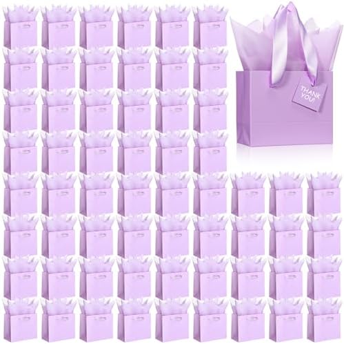 Qilery 50 Pcs Wedding Paper Gift Bags Bulk with Tissue Paper Small Gift Bags with Handle and Tags for Birthday Wedding 4th of July Party Business(Light Purple,4.7 x 2.4 x 3.9'') by Qilery