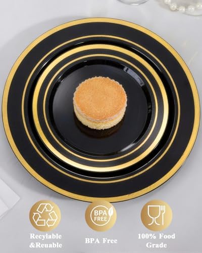 Goodluck 120PCS Black Plastic Plates with Gold Rim - Image 5