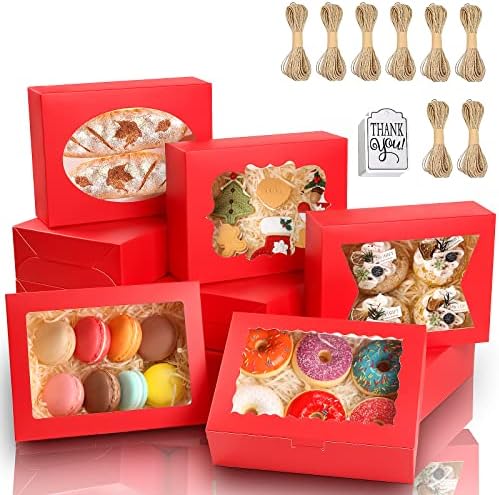 KPOSIYA 65 PCS 8x6x2.5 Inch Cookie Boxes with Window Red Bakery Boxes Pastry Boxes for Gift Giving, Treat, Dessert, Cupcakes, Chocolate, Strawberries, Donuts, Muffins (5 Style Windows) by KPOSIYA