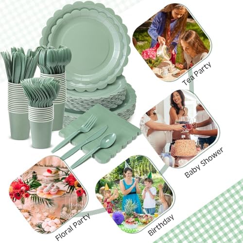 Ziliny 350 Pcs Sage Green Plates and Napkins, 50 Guest Graduation Party Supplies Include Scalloped Paper Plates Napkins Cups Plastic Spoons Forks Knives Disposable Tableware Set for Baby Shower - Image 3