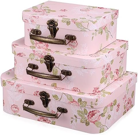 HOMSFOU Paperboard Suitcase Box Set of 3 Floral Print Decorative Storage Boxes with Handles Cardboard Gift Box for Flower Storage Wedding Birthday Baby Shower Party by HOMSFOU